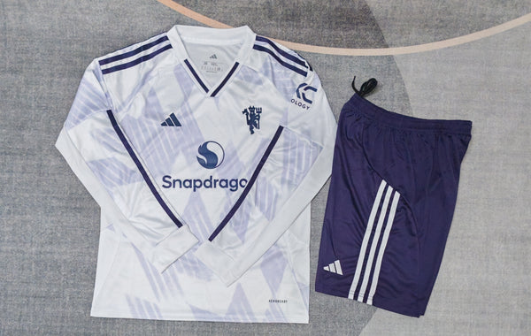 Kit infantil Manchester United Away Manga Longa 25/26 Unissex Adidas - Branco