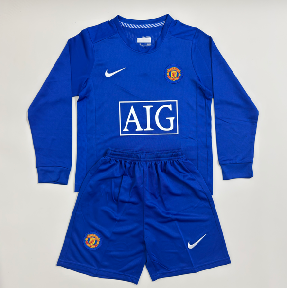 Kit infantil Manchester United Retrô AWAY Manga Longa 2008 Unissex Nike - Azul