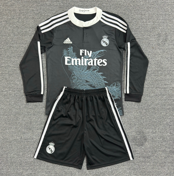 Kit Infantil Real Madrid Retro Away Manga Longa 2015 Camisa + Shorts Adidas Unissex - Preto