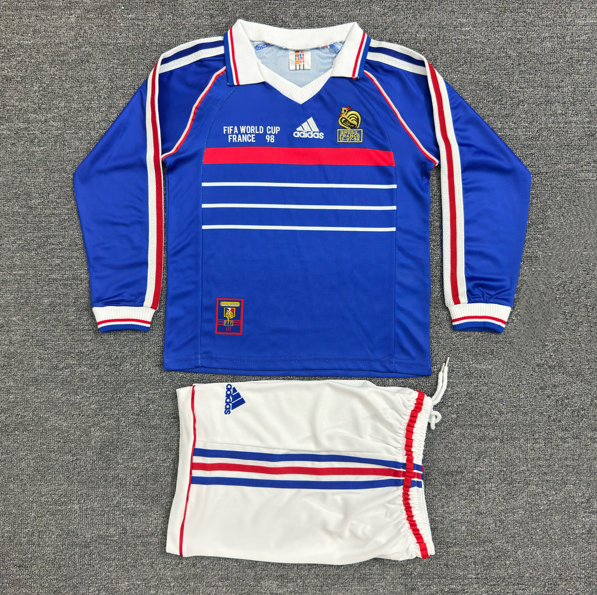 Kit Infantil França Retro Home Manga Longa 1998 Camisa + Shorts Adidas Unissex - Azul