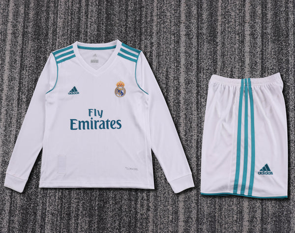 Kit Infantil Real Madrid Retrô Home Manga Longa 2017 Camisa + Shorts Adidas Unissex - Branca