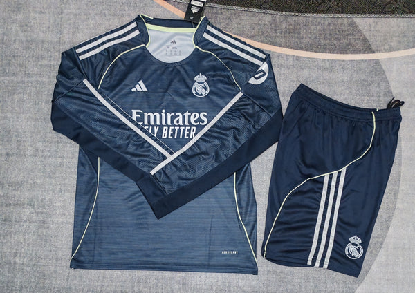 Kit Infantil Real Madrid Away Manga Longa 25/26 Camisa + Shorts Adidas Unissex - Cinza