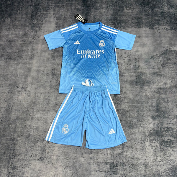 Kit Infantil Real Madrid Goleiro 25/26 Camisa + Shorts Adidas Unissex - Azul