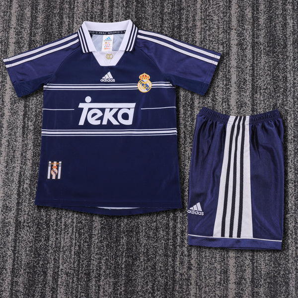 Kit Infantil Real Madrid Retrô Away 98/99 Camisa + Shorts Adidas Unissex - Azul Escuro