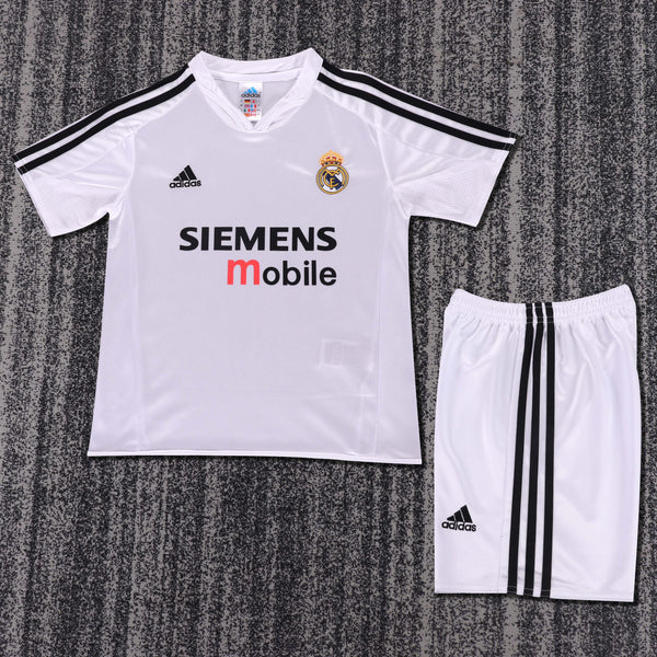 Kit Infantil Real Madrid Retrô Home 04/05 Camisa + Shorts Adidas Unissex - Branca