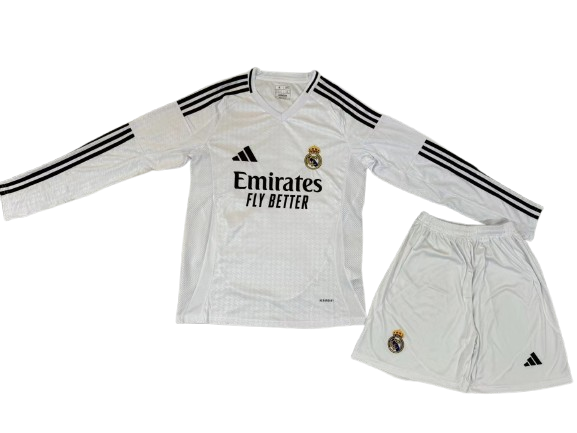Kit Infantil Real Madrid Home Manga Longa 24/25 Camisa + Shorts Adidas Unissex - Branca
