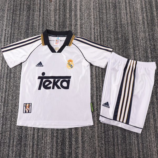 Kit Infantil Real Madrid Retrô Home 98/99 Camisa + Shorts Kelme Unissex - Branca