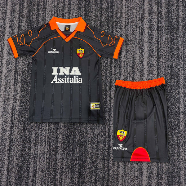 Kit Infantil Roma Away Retrô 1999 Camisa + Shorts Diadora Unissex - Preta e Laranja