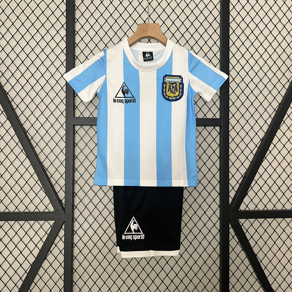 Kit Infantil Argentina Retro Home 1986 Le Coq Sportif Masculina - Branco e Azul