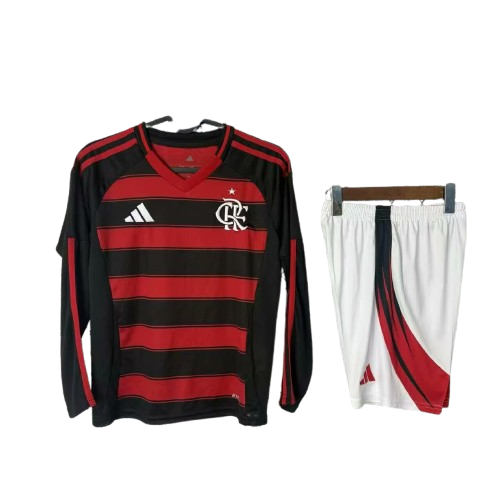 Kit Infantil Flamengo Home 25/26 Manga Longa Adidas Unissex - Vermelho e Preto