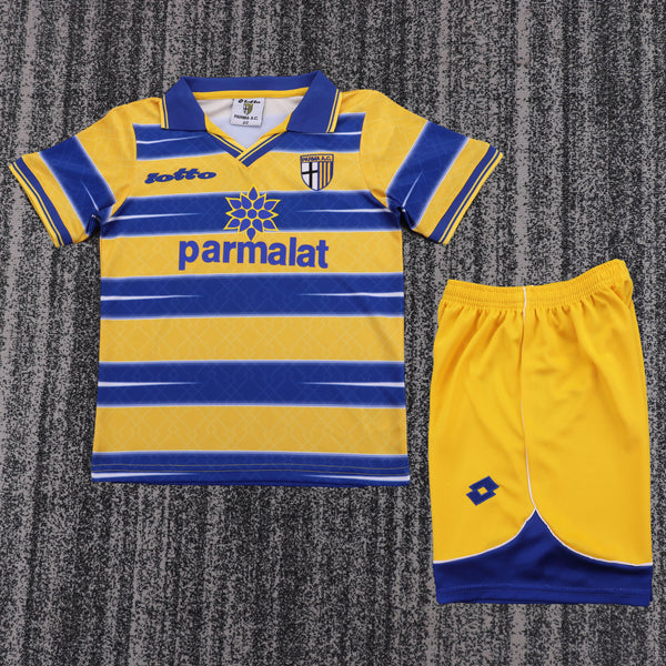 Kit Infantil Parma Away 99/00 Retrô Camisa + Shorts Champion Unissex - Amarelo e Azul