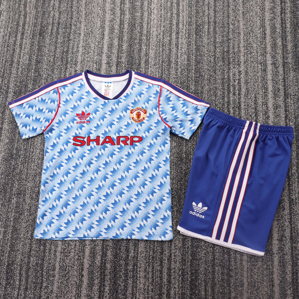 Kit infantil Manchester United Retrô Away 90/91 Unissex Adidas - Azul Claro
