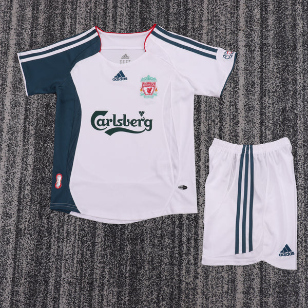 Kit Infantil Liverpool Away Retrô 06/07 Camisa + Shorts Adidas Unissex - Branco e Verde