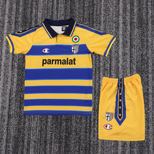 Kit Infantil Parma Away 98/99 Retrô Camisa + Shorts Champion Unissex - Amarelo e Azul