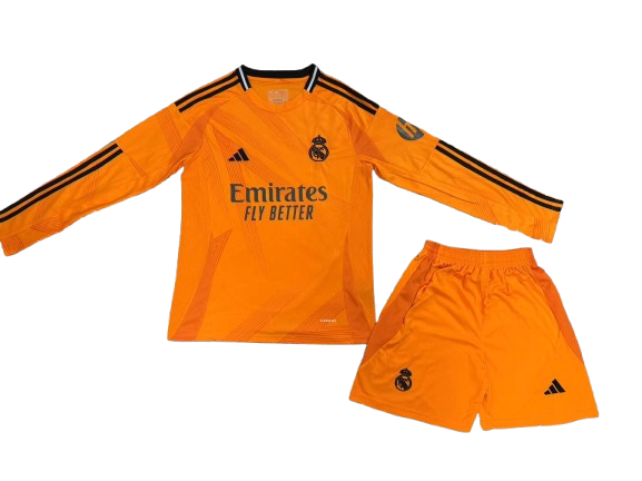 Kit Infantil Real Madrid Away Manga Longa 24/25 Camisa + Shorts Adidas Unissex - Laranja