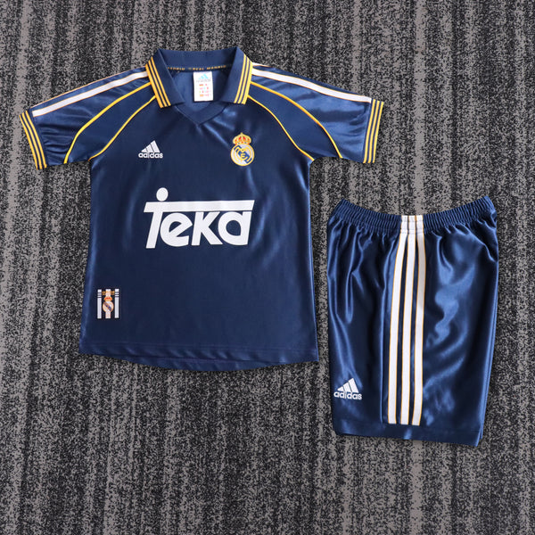 Kit Infantil Real Madrid Retrô Away 98/99 Camisa + Shorts Adidas Unissex - Azul Escuro