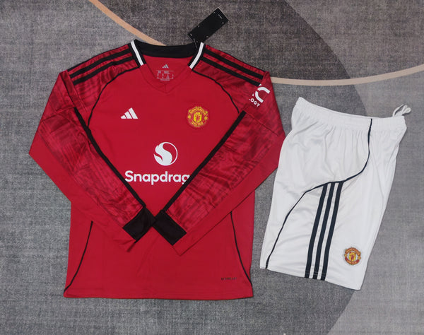 Kit infantil Manchester United Home Manga Longa 25/26 Unissex Adidas - Vermelho