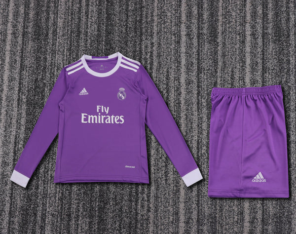 Kit Infantil Real Madrid Retrô Third Manga Longa 16/17 Camisa + Shorts Adidas Unissex - Roxa