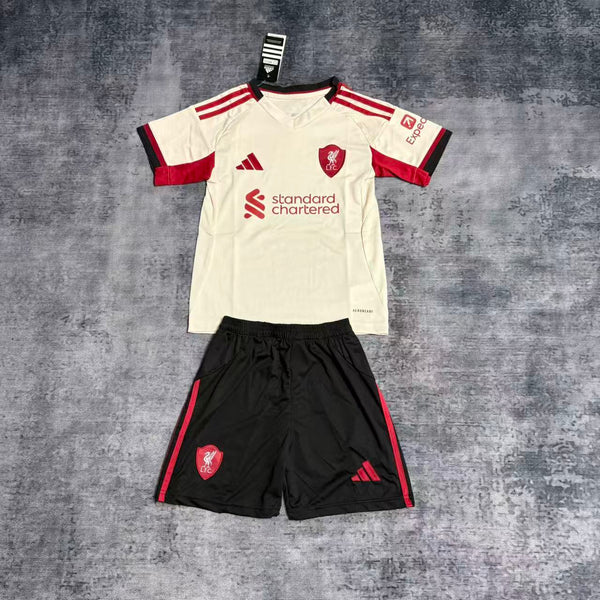 Kit Infantil Liverpool Away 25/26 Camisa + Shorts Adidas Unissex -  Bege