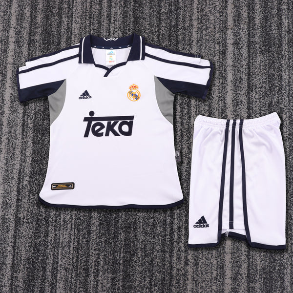 Kit Infantil Real Madrid Retrô Home 00/01 Camisa + Shorts Kelme Unissex - Branca