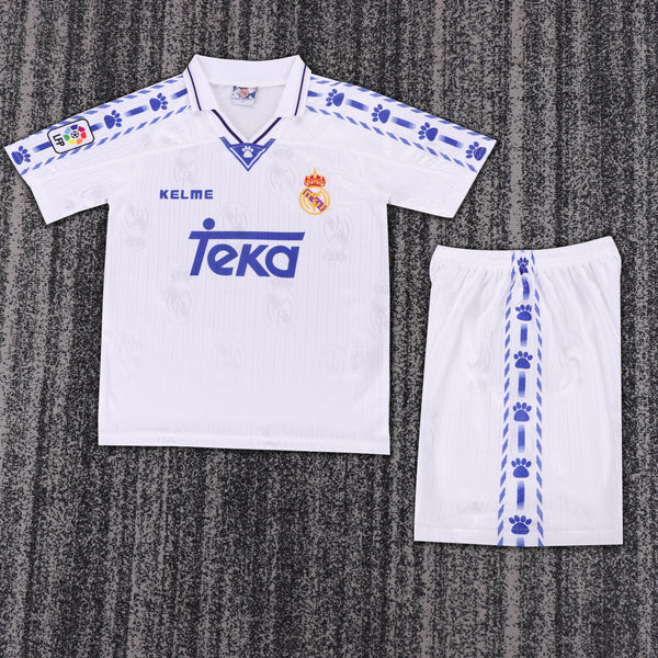 Kit Infantil Real Madrid Retro Home 96/97 Camisa + Shorts Kelme Unissex - Branca
