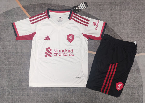 Kit Infantil Liverpool Away 25/26 Camisa + Shorts Adidas Unissex -  Branco